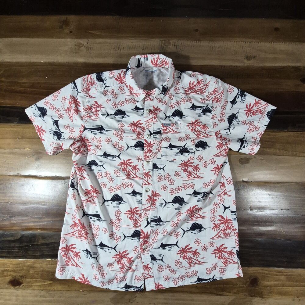 Columbia PFG Sailfish Print Short Sleeve Hawaiian Shirt Large Cotton White